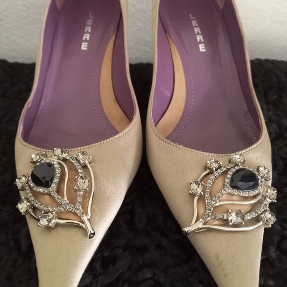 Vintage LERRE RYKIEL Pumps Swarovski SZ 39 * 8.5 Taupe Satin Heels RARE COLAB - Picture 5 of 9